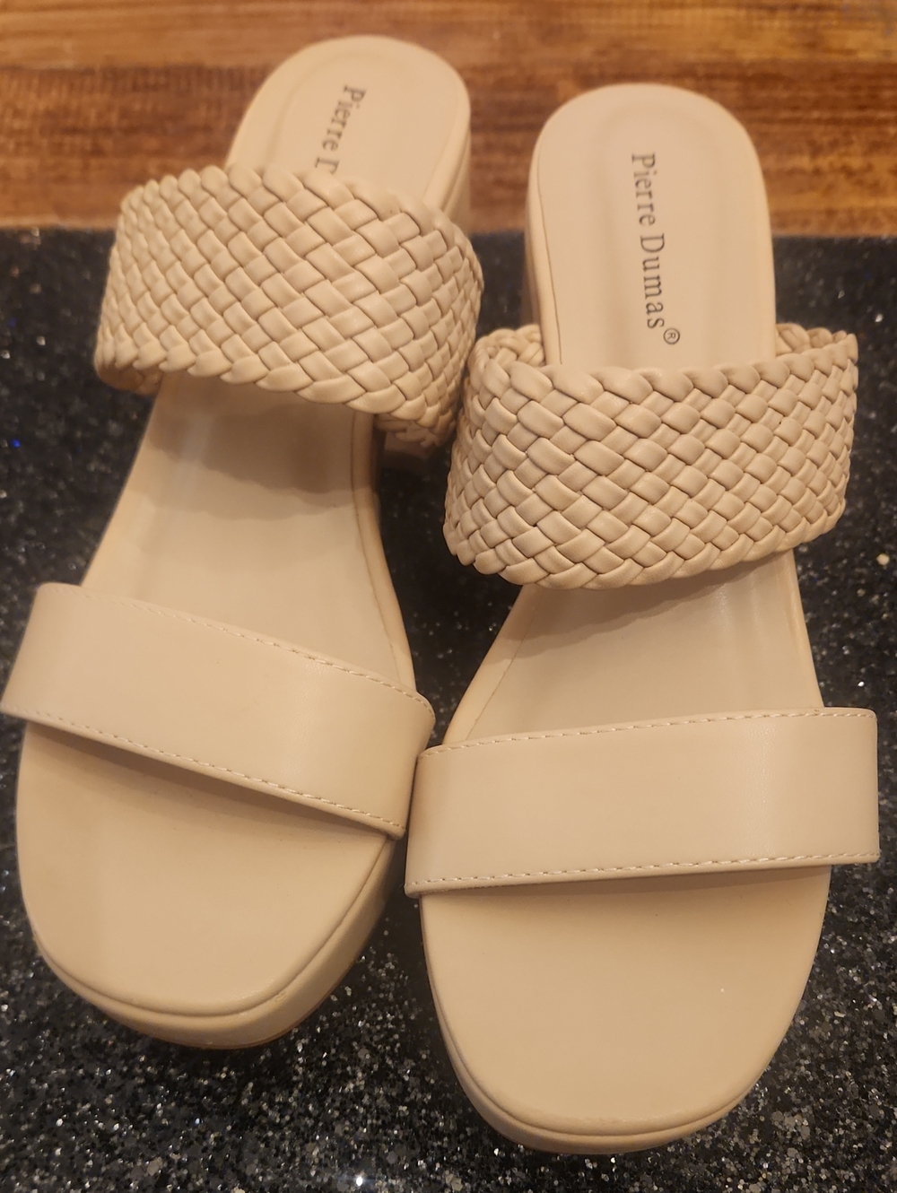 Pierre Dumas Beige Braided Two-Band Slide Sandals